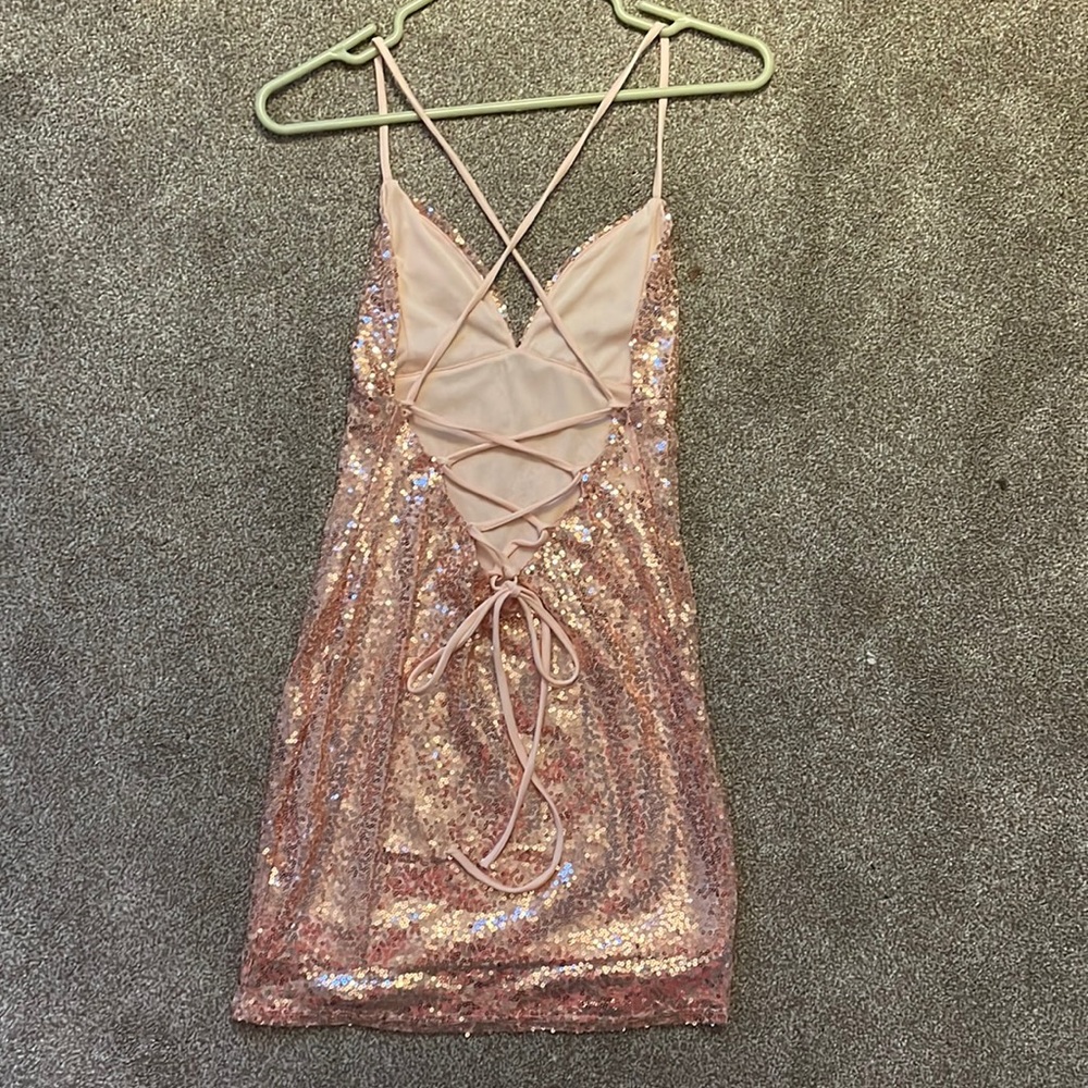 Lucy in the sky pink sequin dress with cross crops back NEW